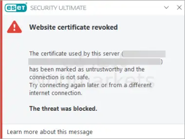 پیغام خطای Website certificate revoked در Eset